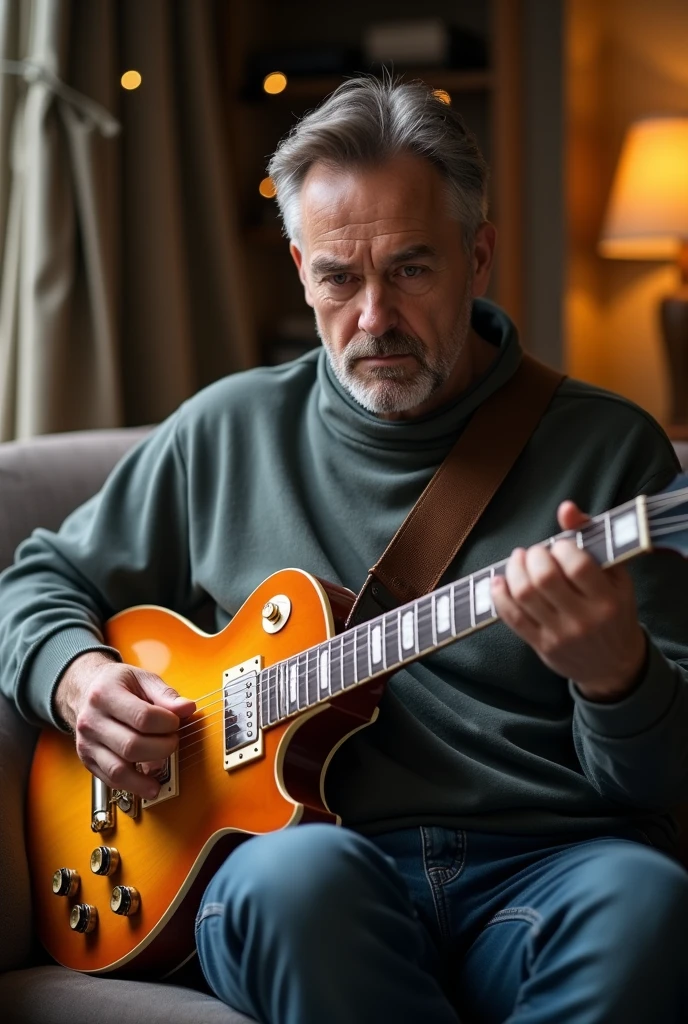 A 34 year old brown eyed father sitting on the couch playing an ultra realistic 8k les paul 