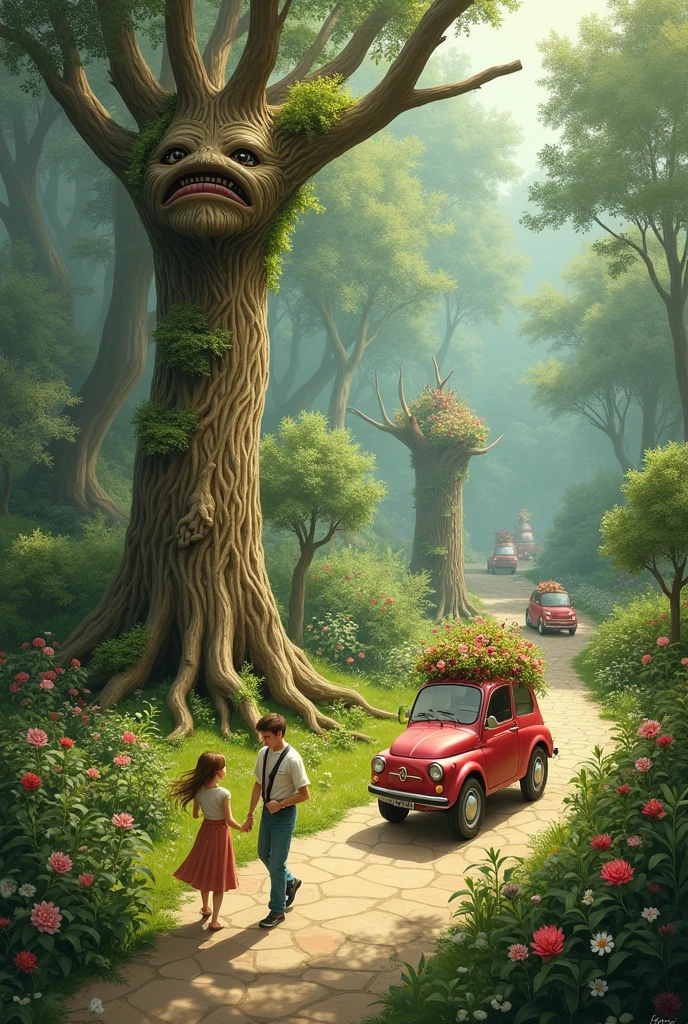 SMALL CARS AS FLOWER POTS AND TREES AS LIVING BEINGS WALKING WITH PEOPLE





