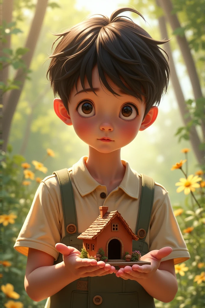 Boy with a clay house in his hand
