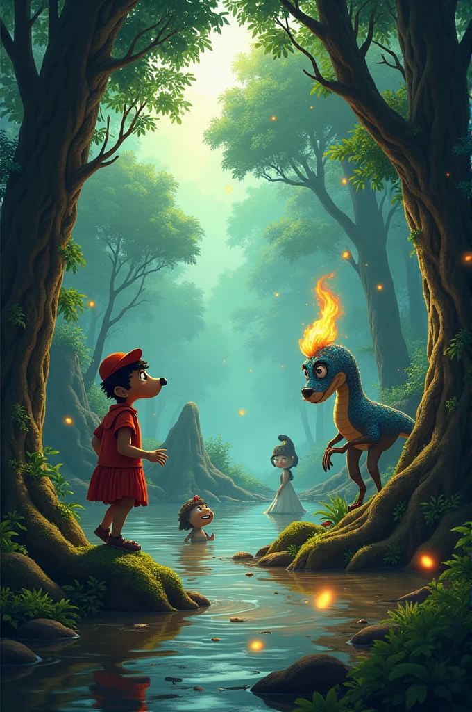 Generate image for Instagram post about Brazilian folklore containing a magical forest with characters from Brazilian folklore containing saci, Curupira, Caipora, Boitat, YARA