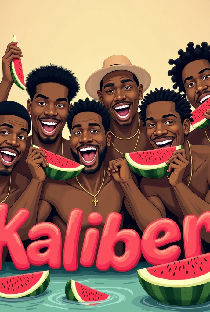 black guys eating watermelon with the word kaliber below it in bold print