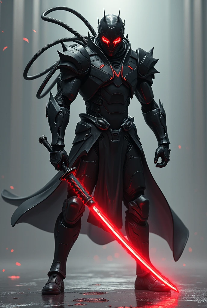A futuristic cyber warrior in an aggressive stance, prepared for battle. The character is in a low position, with legs extended and firmly planted, while holding a black katana with a red aura that emits an intense and fiery glow. The warrior wears black, sturdy armor., with angular and sharp details, and multiple metallic cables or tentacles extending from its back. The helmet is dark and completely covers the face., showing only three bright red heartbeat-shaped lines running horizontally across the visor, adding an intimidating and technological air. The background is minimalist, with a greyish tone, and small red sparks or particles floating in the air, complementing the dark and dynamic atmosphere of the scene. The style of the image is dark and dystopian, with a focus on contrasts of light and shadow, highlighting the red details against the predominant black and grey.