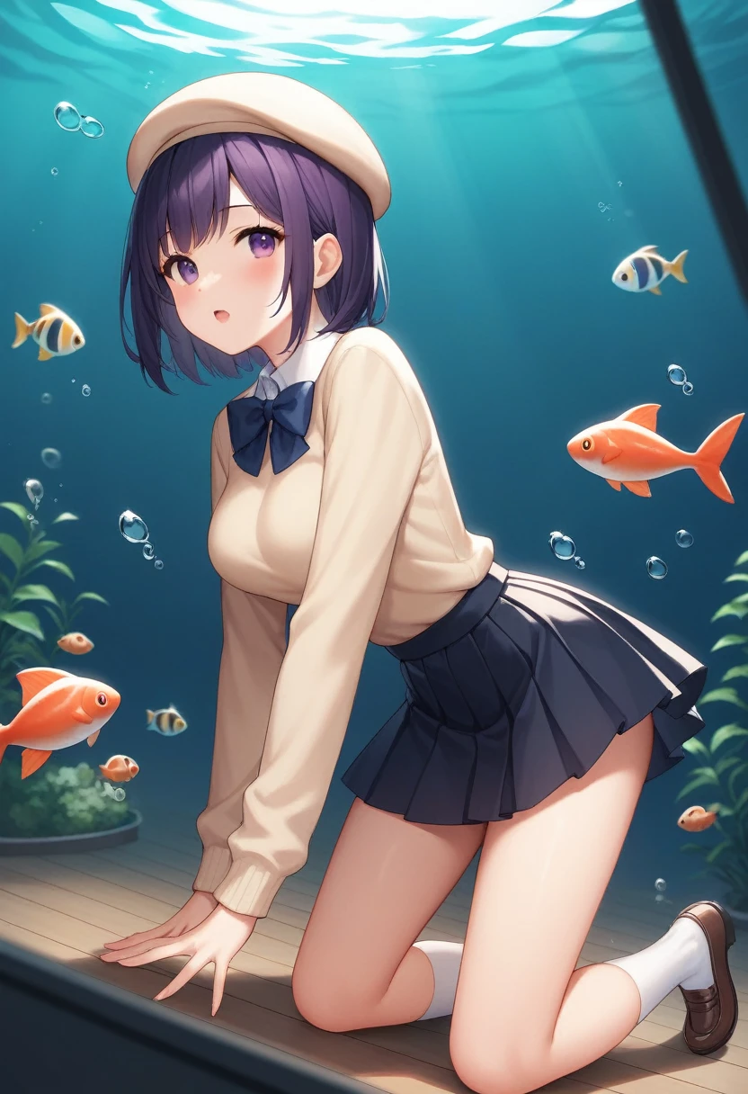 A scene in an aquarium, showing three anime-style female characters, all observing different aspects of the marine environment. The scene is illuminated with a soft, bluish light that simulates the underwater environment.. The main character in the center is a girl with short black hair, dressed in a beige beret adorned with bunny ears and a bow, along with a peach-colored sweater and a black skirt. She is leaning forward, looking excitedly through the aquarium glass, which highlights her cheerful expressions and her voluminous breasts. To the right of the image, A large shark swims near the glass, adding a touch of humor. In the background, On the left, There is another girl with silver hair and dressed in a schoolgirl uniform., who is taking photos with his phone. On the left, on the floor, A third girl is found, with dark purple hair and dressed in a light sweater and a brown skirt, watching some small fish closely. The style of the image is detailed and vibrant, with a mix of tenderness and humor.
