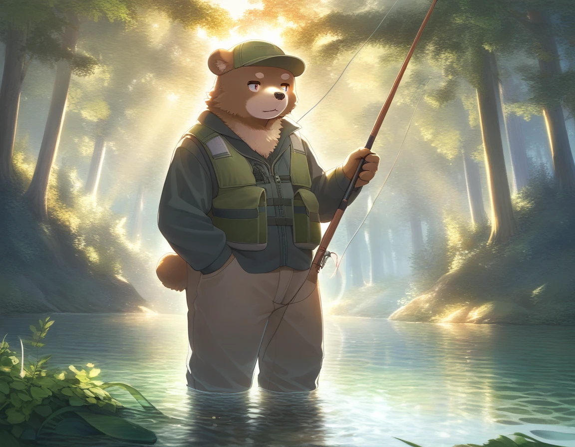 ((Masterpiece)), ((Best Quality)), (Very Detailed), ((Very Detailed)), 4K, (8K), very aesthetic, absurdres highres, 1 man, (anthropomorphic Bear, furry, kemono:1.5), A scene where a fisherman is holding a fishing rod and catching a fish on the shore of a lake where the warm light of the setting sun shines through. The angler is wearing a fishing hat, fishing vest, long sleeve shirt and pants. The angler's expression is depicted realistically, and the fish's scales reflect the light and shine. A lush green forest spreads out in the background, and the water is clear and flowing quietly.