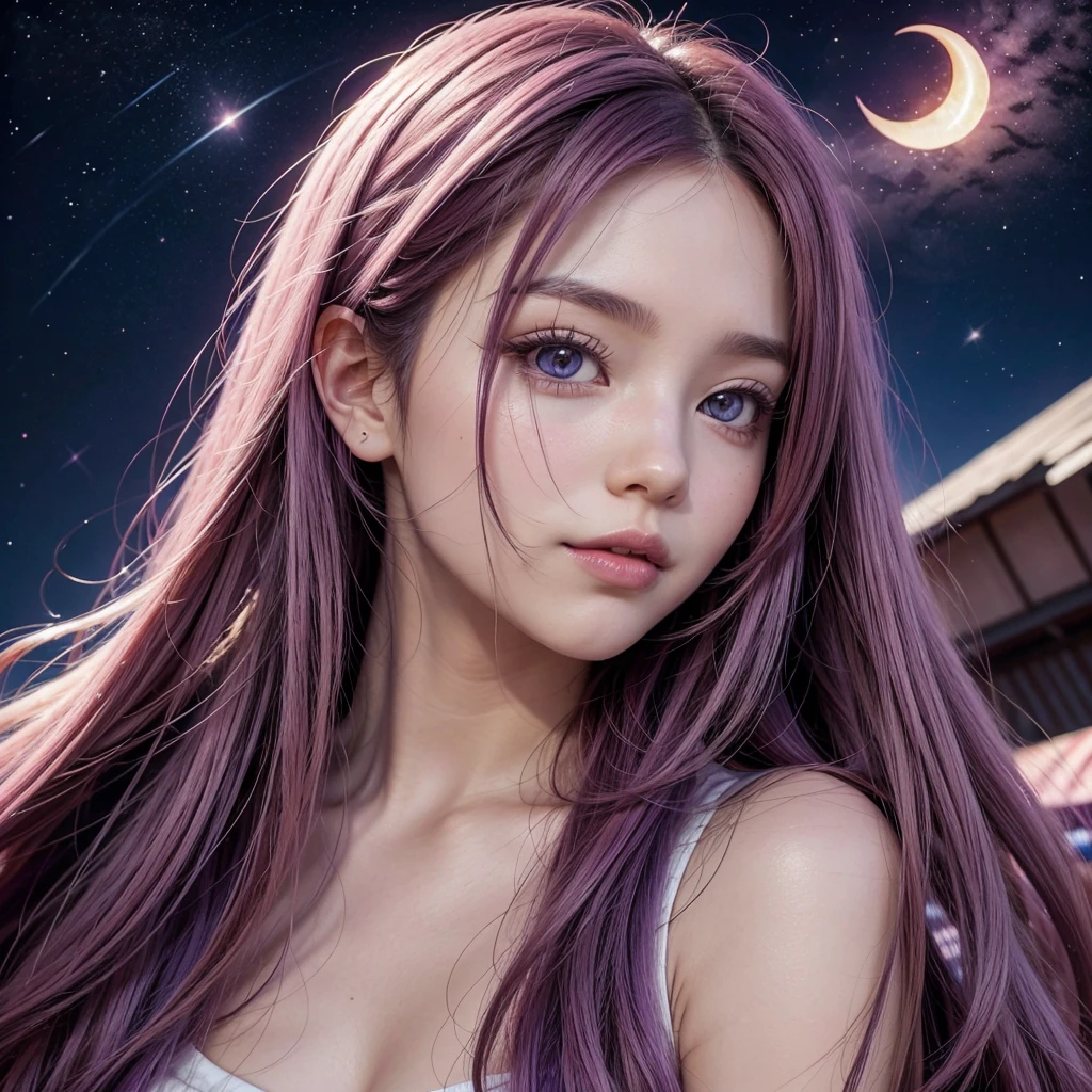 Logo with an anime girl with long straight pink and purple hair, in the background a crescent moon with a star and a heart (in bright colors) the background of the image in white 