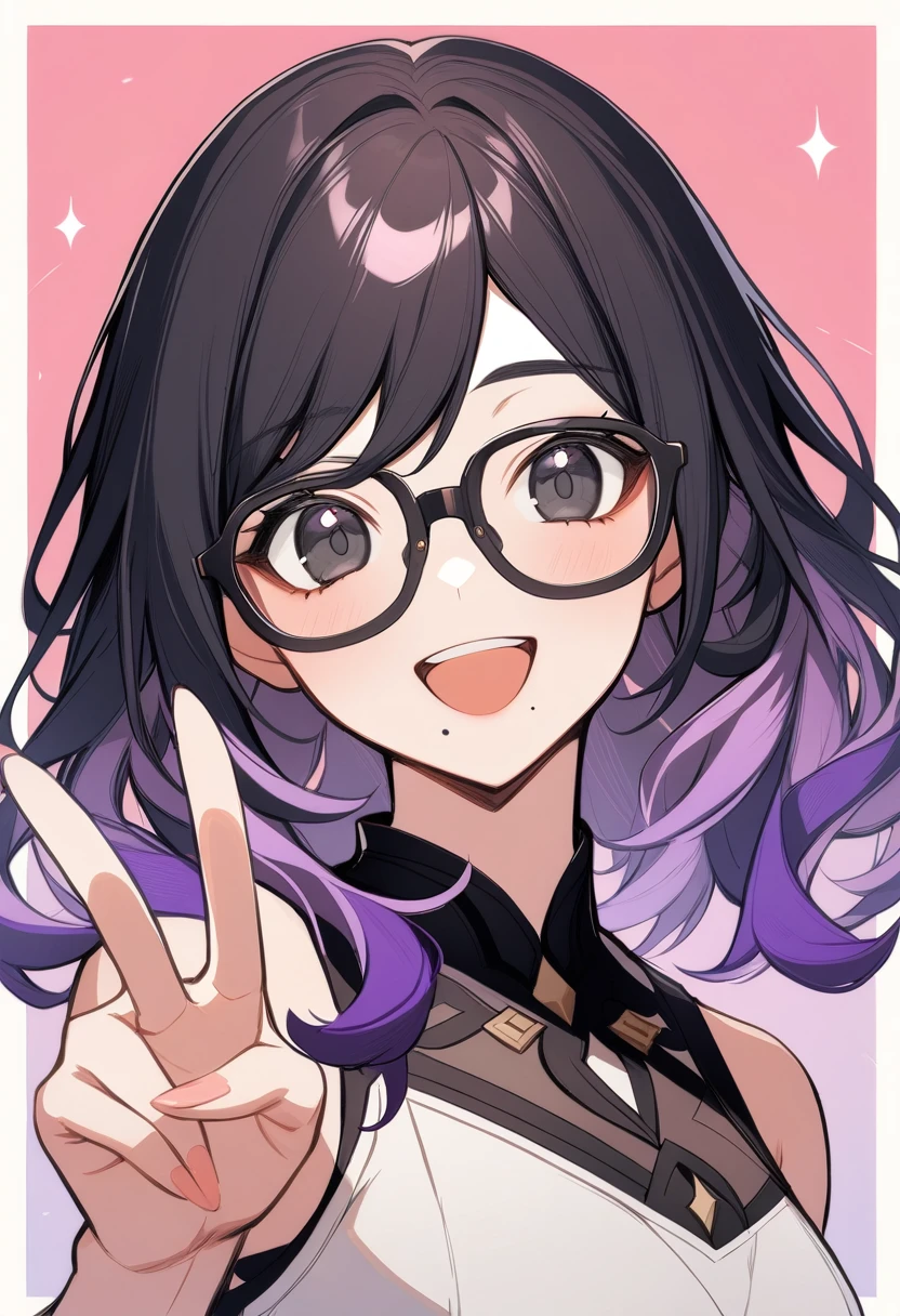 1girl, genshin impact style, solo, looking at viewer, smile, open mouth, black hair, upper body, purple hair, :d, multicolored hair, glasses, sleeveless, medium hair, mole, (black eyes:1.5), v, gradient hair, border, pink background, mole under mouth, black-framed eyewear