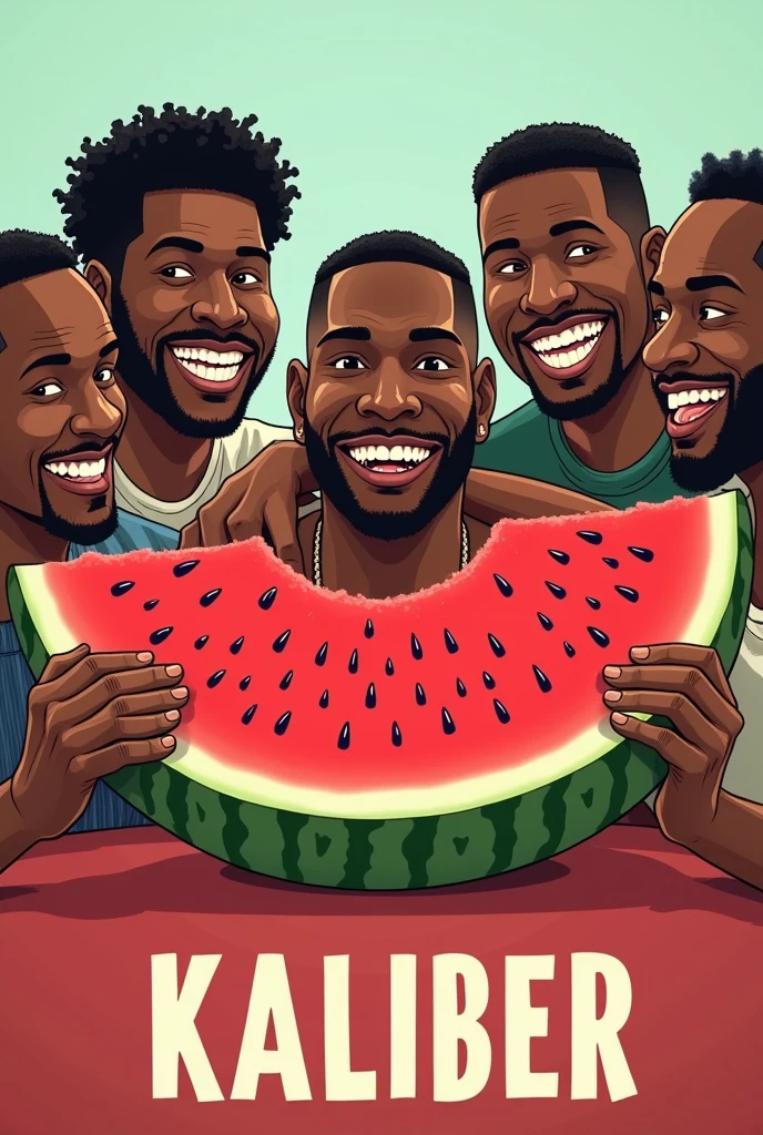 black guys eating watermelon with the word kaliber below it in bold print