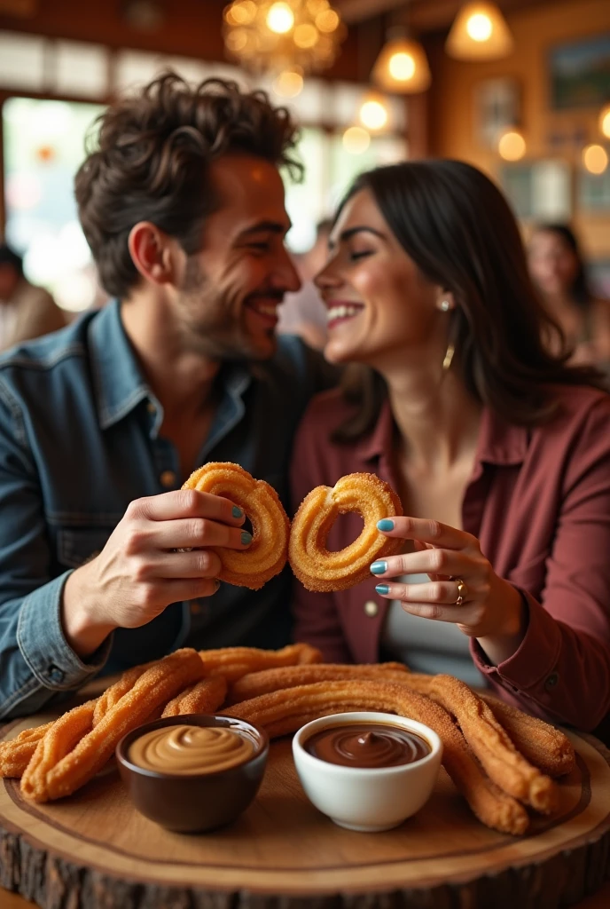 Couple eating churros with caramel and chocolate in a restaurant