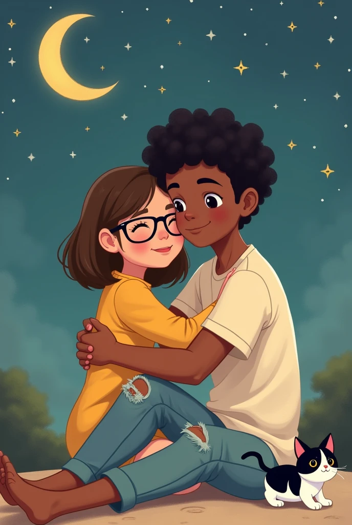 The characters in the cartoon have an intimate and peaceful connection, transmitted by relaxed posture and body expressions. The girl, with light skin, brown hair and glasses, wears a yellow casual outfit, while the boy, dark skinned and short hair, and curly,wears a light t-shirt and ripped jeans. The boy hugs the girl protectively, showing care and affection, as she looks comfortable and confident by your side. Both are styled in a simple, modern cartoon look., with clothes that reflect a relaxed attitude.
them under the stars and the full moon, with a black and white kitten on the side, Disney-style design