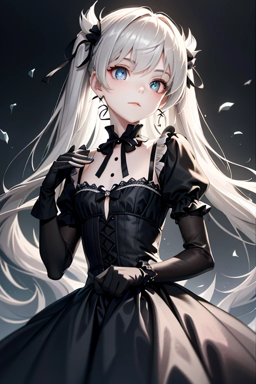 best，Super masterpiece， hight resolution， top-quality， nffsw， super detailing， awardwinning， 16 K，（The upper part of the body），A beautiful maiden， Grey Hair，Strands of hair，（（Iris heterochromic pupil）），Hanging eye corners，Fair skin，（Small chest），（Slim body），（（Gothic style clothing）），（neck rings），（Gloves as short as half a palm）