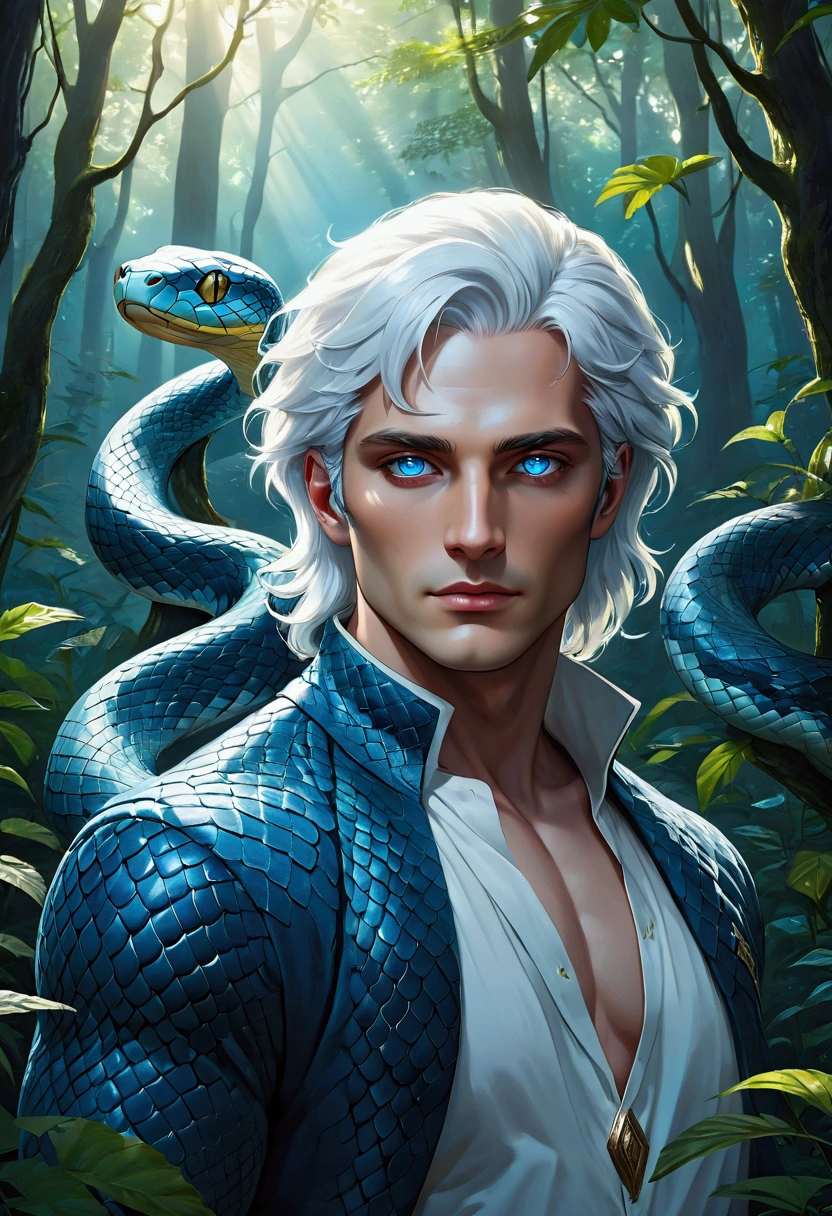 ((best quality)), ((masterpiece)), (detailed), perfect face, a beautiful man, he has a human face with gentle traits, he has a human torso, from the torso down he is a snake. He has white hair and sky blue eyes it's scales are white with blue reflection. Total body. In the forest.