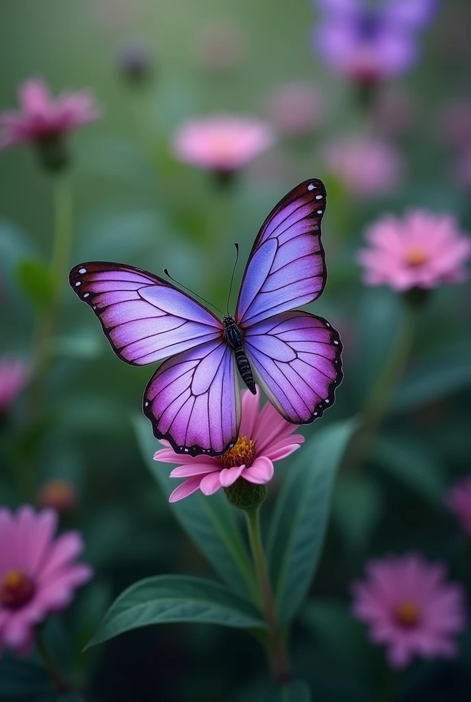 Create a photo of a purple butterfly on a flower and a bush together as if the photo were taken by a cell phone and the butterfly is resting on the flower but the photo looks a little blurry as if it were taken by a cell phone.