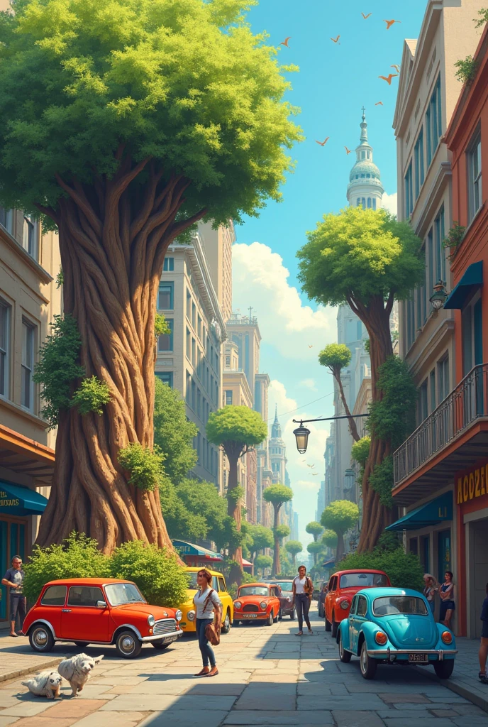 SMALL CARS AS FLOWER POTS AND TREES AS LIVING BEINGS WITH PEOPLE IN THE CITY