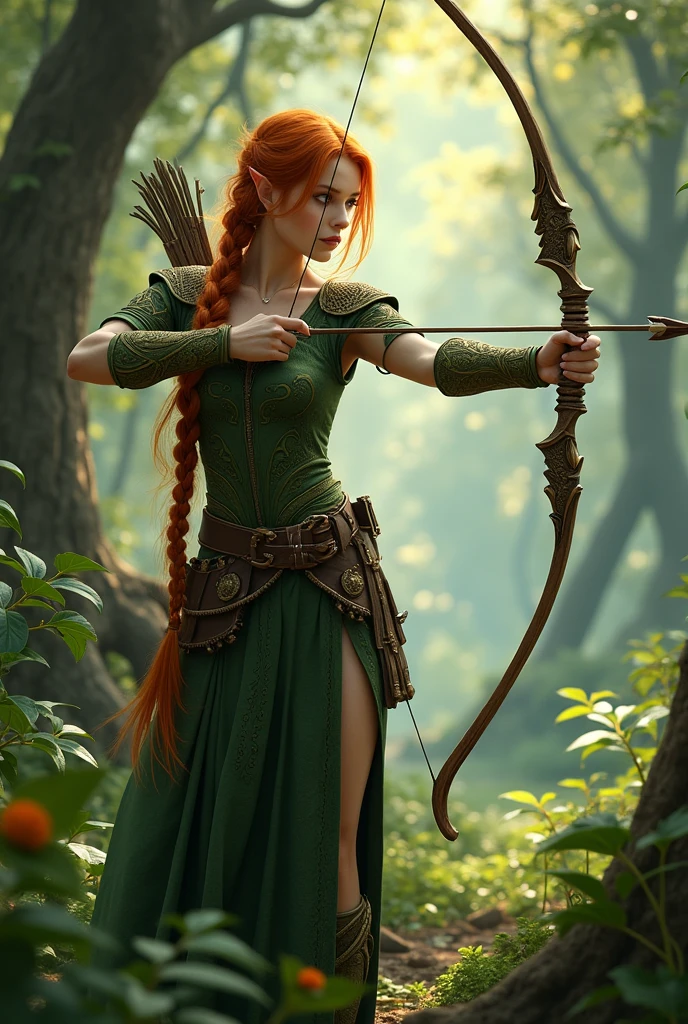 Fantasy: female elf, with bow, in a forest, braided ginger hair, one eye white, dressed in wood elf armor