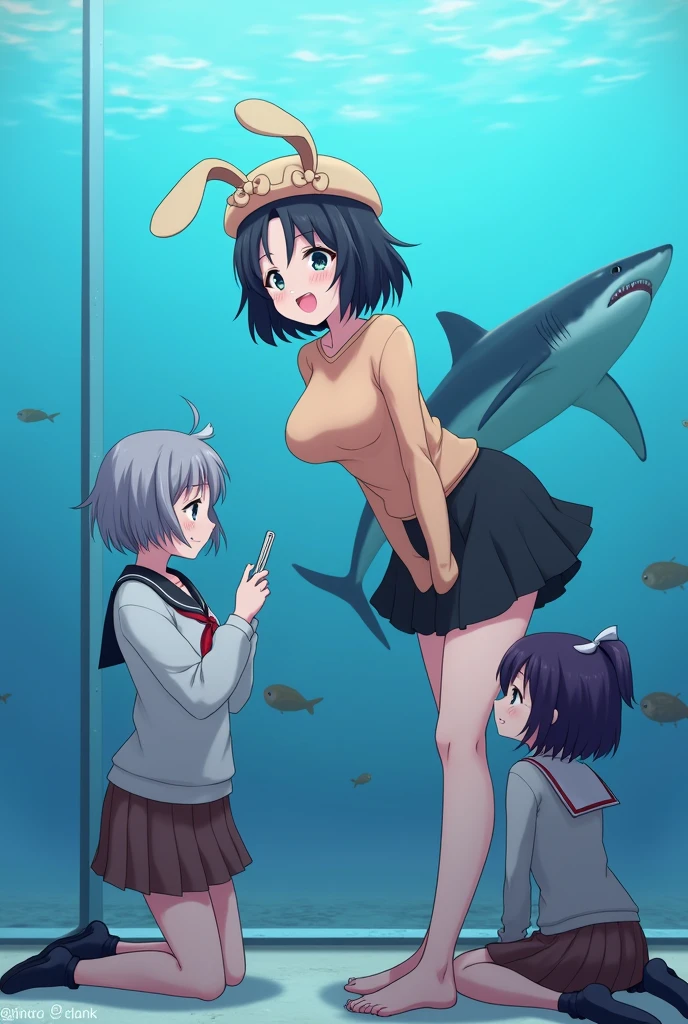 A scene in an aquarium, showing three anime-style female characters, all observing different aspects of the marine environment. The scene is illuminated with a soft, bluish light that simulates the underwater environment.. The main character in the center is a girl with short black hair, dressed in a beige beret adorned with bunny ears and a bow, along with a peach-colored sweater and a black skirt. She is leaning forward, looking excitedly through the aquarium glass, which highlights her cheerful expressions and her voluminous breasts. To the right of the image, A large shark swims near the glass, adding a touch of humor. In the background, On the left, There is another girl with silver hair and dressed in a schoolgirl uniform., who is taking photos with his phone. On the left, on the floor, A third girl is found, with dark purple hair and dressed in a light sweater and a brown skirt, watching some small fish closely. The style of the image is detailed and vibrant, with a mix of tenderness and humor.