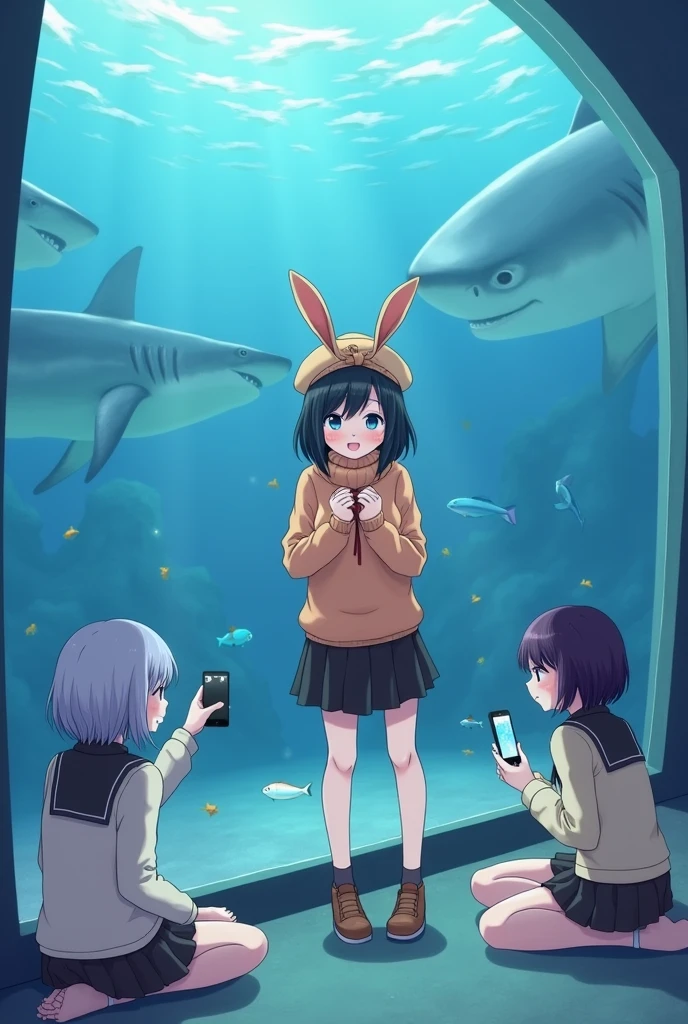 A scene in an aquarium, showing three anime-style female characters, all observing different aspects of the marine environment. The scene is illuminated with a soft, bluish light that simulates the underwater environment.. The main character in the center is a girl with short black hair, dressed in a beige beret adorned with bunny ears and a bow, along with a peach-colored sweater and a black skirt. She is leaning forward, looking excitedly through the aquarium glass, which highlights her cheerful expressions and her voluminous breasts. To the right of the image, A large shark swims near the glass, adding a touch of humor. In the background, On the left, There is another girl with silver hair and dressed in a schoolgirl uniform., who is taking photos with his phone. On the left, on the floor, A third girl is found, with dark purple hair and dressed in a light sweater and a brown skirt, watching some small fish closely. The style of the image is detailed and vibrant, with a mix of tenderness and humor.