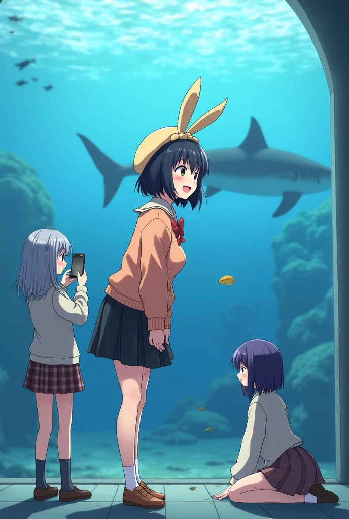 A scene in an aquarium, showing three anime-style female characters, all observing different aspects of the marine environment. The scene is illuminated with a soft, bluish light that simulates the underwater environment.. The main character in the center is a girl with short black hair, dressed in a beige beret adorned with bunny ears and a bow, along with a peach-colored sweater and a black skirt. She is leaning forward, looking excitedly through the aquarium glass, which highlights her cheerful expressions and her voluminous breasts. To the right of the image, A large shark swims near the glass, adding a touch of humor. In the background, On the left, There is another girl with silver hair and dressed in a schoolgirl uniform., who is taking photos with his phone. On the left, on the floor, A third girl is found, with dark purple hair and dressed in a light sweater and a brown skirt, watching some small fish closely. The style of the image is detailed and vibrant, with a mix of tenderness and humor.