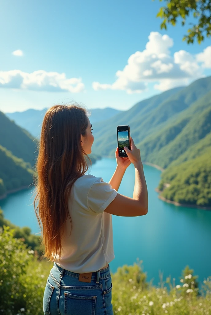 Woman taking photo of landscape with phone on vacation