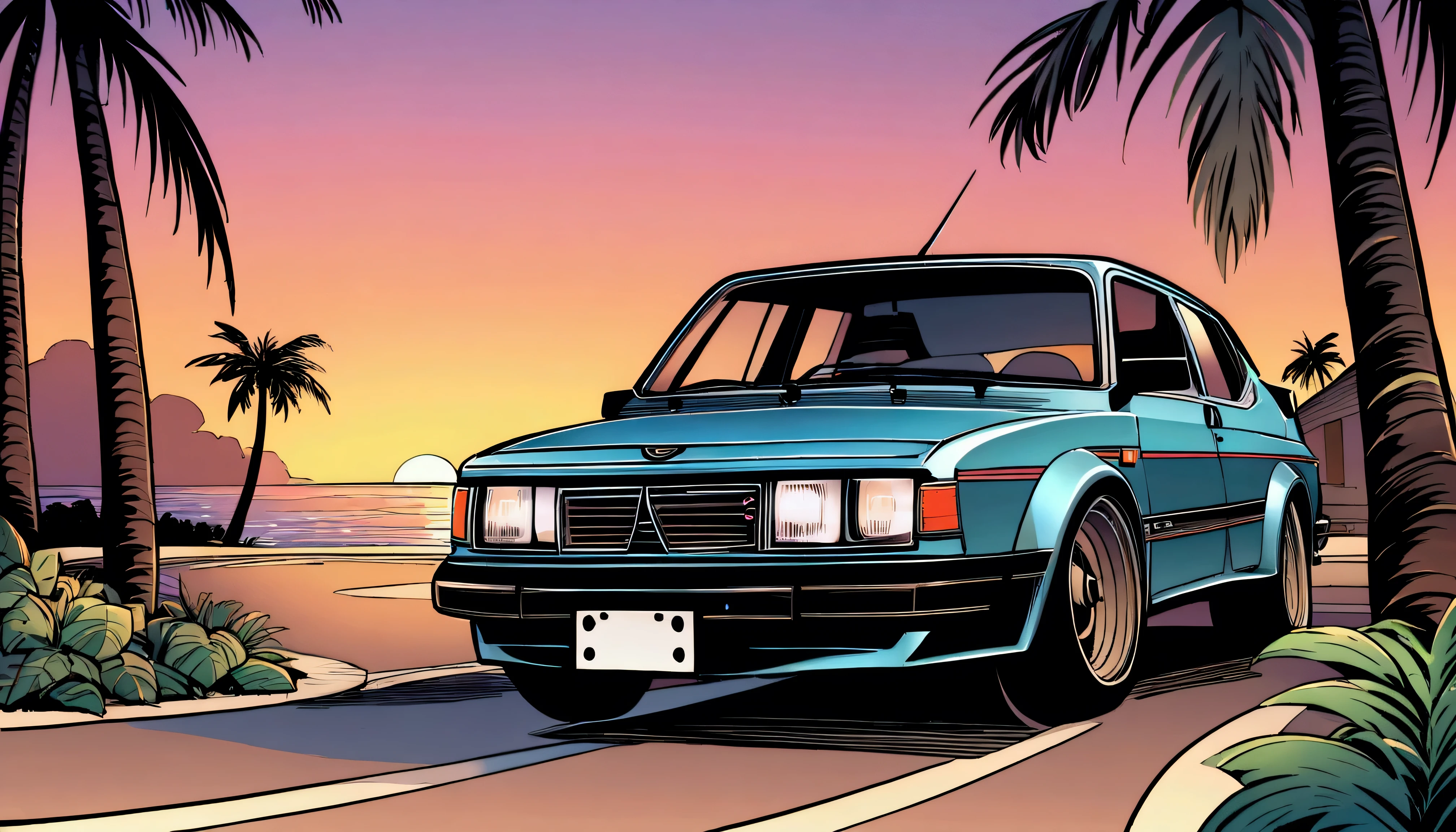 ((ＴShirt Design)), 1985 Saab 900 Turbo, Sunset background, Palm tree, Layers with 5 colors, Corner of the street, Berek's drum, Plethean, 