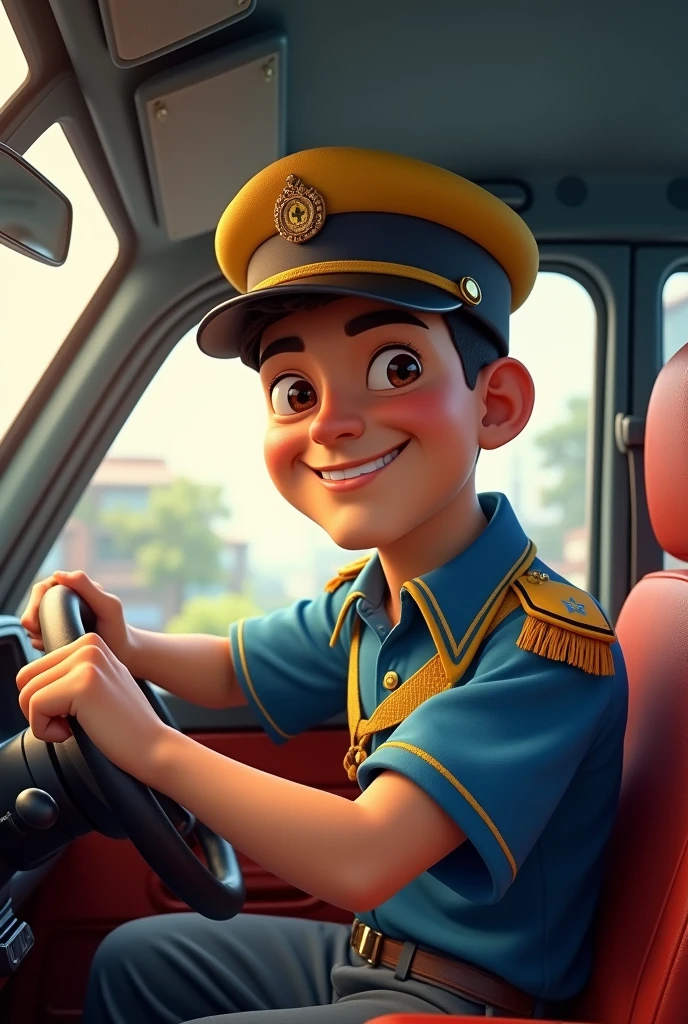 Young man, conductor, Taxi, At the wheel, with a cap or hat with the colors of the Venezuelan flag, cartoon, 3D, impressionistic