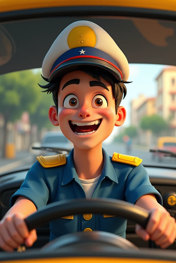 Young man, conductor, Taxi, At the wheel, with a cap or hat with the colors of the Venezuelan flag, cartoon, 3D, impressionistic