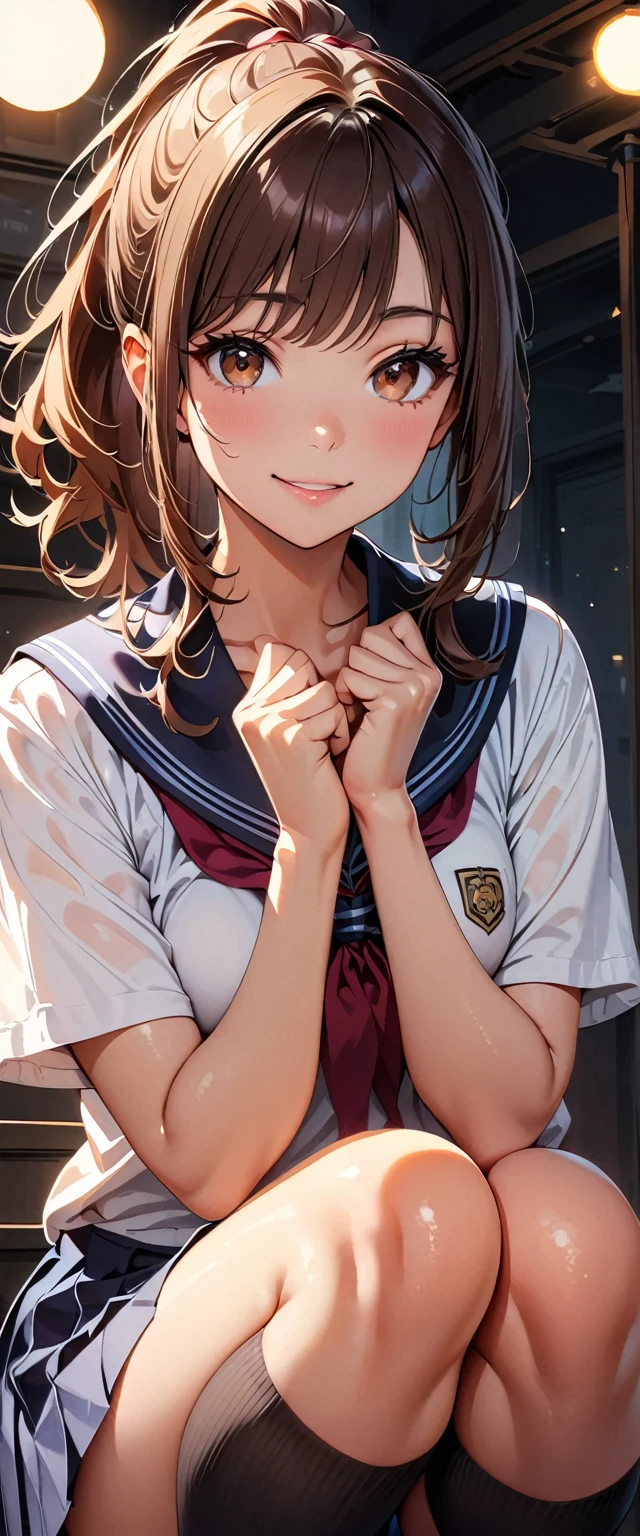 (highest quality, 4k, High resolution, masterpiece:1.2), Super detailed, (real, photorealistic:1.37), cinematic light, Bright colors and mesmerizing effects, Soft and delicate lighting, gentle shine, Lens flare, Beautiful and gentle atmosphere throughout the scene, 1 woman, JK, (brown hair, ponytail, reddish brown eyes), happy expression, Super detailedな顔, lip details, detailed eyes, double eyelid, Facing to the right, squat:1.5, black socks, cowboy shot, school uniform, girls , shiny skin, perfect fingers, five fingers, anatomically correct, background bokeh, 135㎜, f/2.8, photo shoot,
