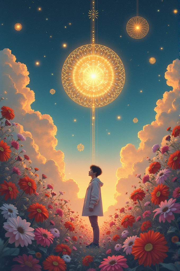 An image that mixes Murakami's flowers, BTS Jungkook's Golden album logo and Coldplay's Fix You song