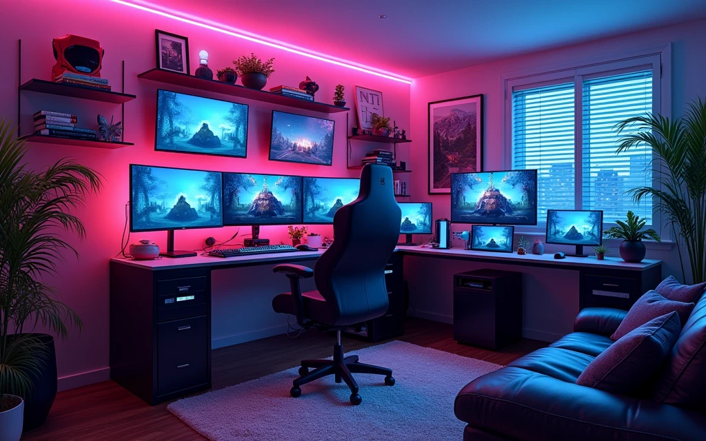 An illustration of a modern video gamer's room. The centerpiece of the room is a wide, state-of-the-art gaming desk featuring multiple monitors and surrounded by neon lights. There are shelves on the wall showing various pieces of gaming memorabilia, including collectibles from diverse popular games.  A high-quality surround sound system is installed, providing an immersive gaming experience. The room's lighting is dim, adding to the ambiance, with additional lights available through a voice-activated light strip surrounding the room.