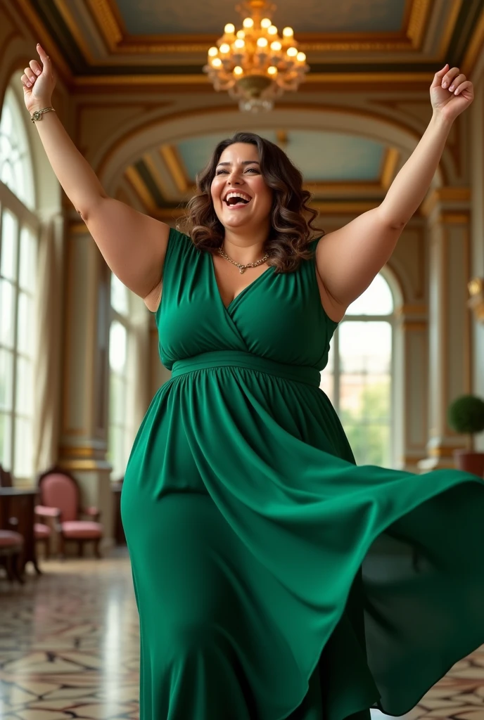 Create a real photograph, of a full-bodied woman, in a green dress celebrating her success