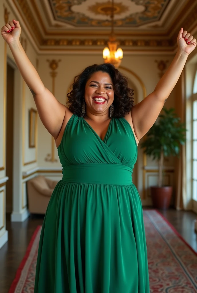 Create a real photograph, of a full-bodied woman, in a green dress with sleeves, covering her breasts, with arms up, celebrating your success, very cheerful, happy in life