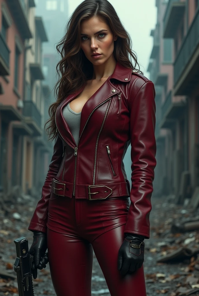 Masterpiece, Quality, (ultra realistic portrait of KRISTANNATX:1.2), (extremely detailed CG:1.35), Wine red leather jacket, wine red leather pants,, Serious look, Perfect face, Perfect eyes, Sharp Focus, Abandoned city, dark clouds, dark atmosphere, Cinematic poster, (Full body shot:1.35, battle pose:1.1, big breasts:1.1),