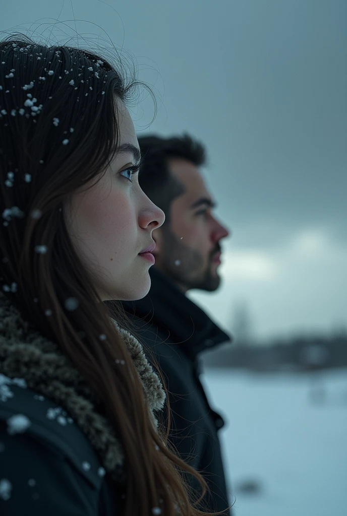"A melancholy scene in cold, muted gray tones, featuring a stormy winter landscape under a dense, cloudy sky. Snowflakes fall gently as the storm intensifies. In the foreground, a close-up profile of a woman followed by a second shot of a man, both gazing off to the left in the distance, capturing a feeling of deep melancholy and introspection. Their faces are softly illuminated by the cold, diffuse light of the cloudy sky, with intricate details in their expressions. and the texture of falling snowflakes adding depth and emotion to the scene."