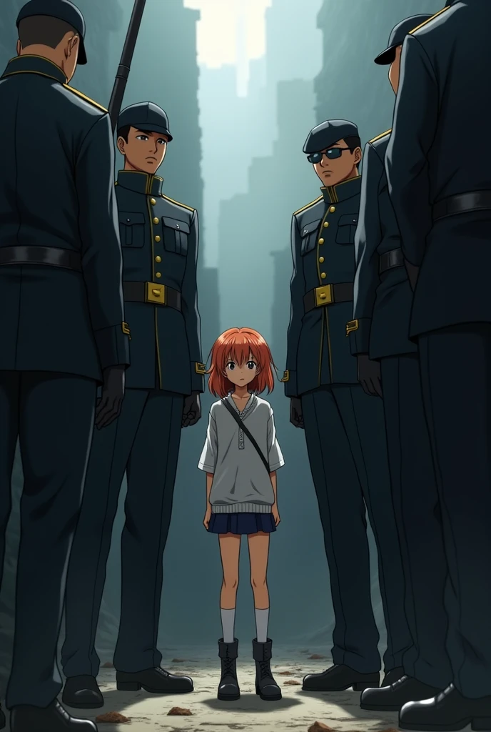 A girl.anime Amidst three tall war soldiers in black suits