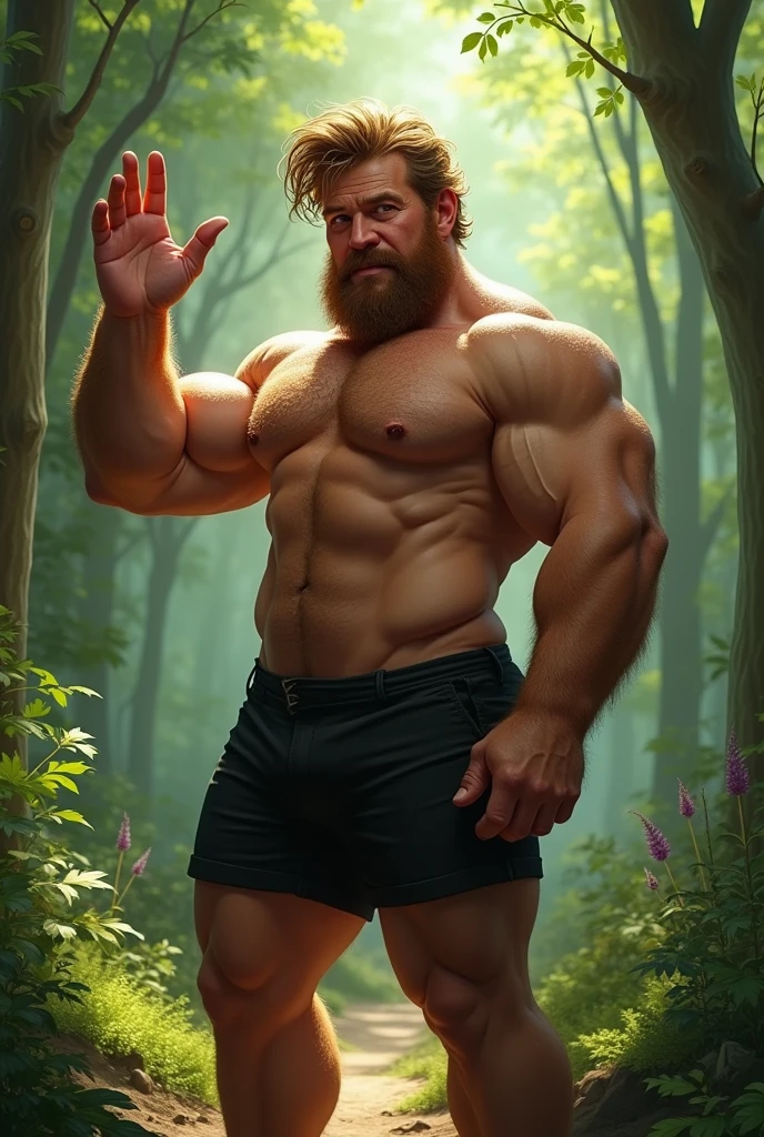 Teacher:1. 60, White man , horny brown hair, chubby muscular muscle bear style , hairy torso sexy look in a forest wearing black shorts waves with one hand