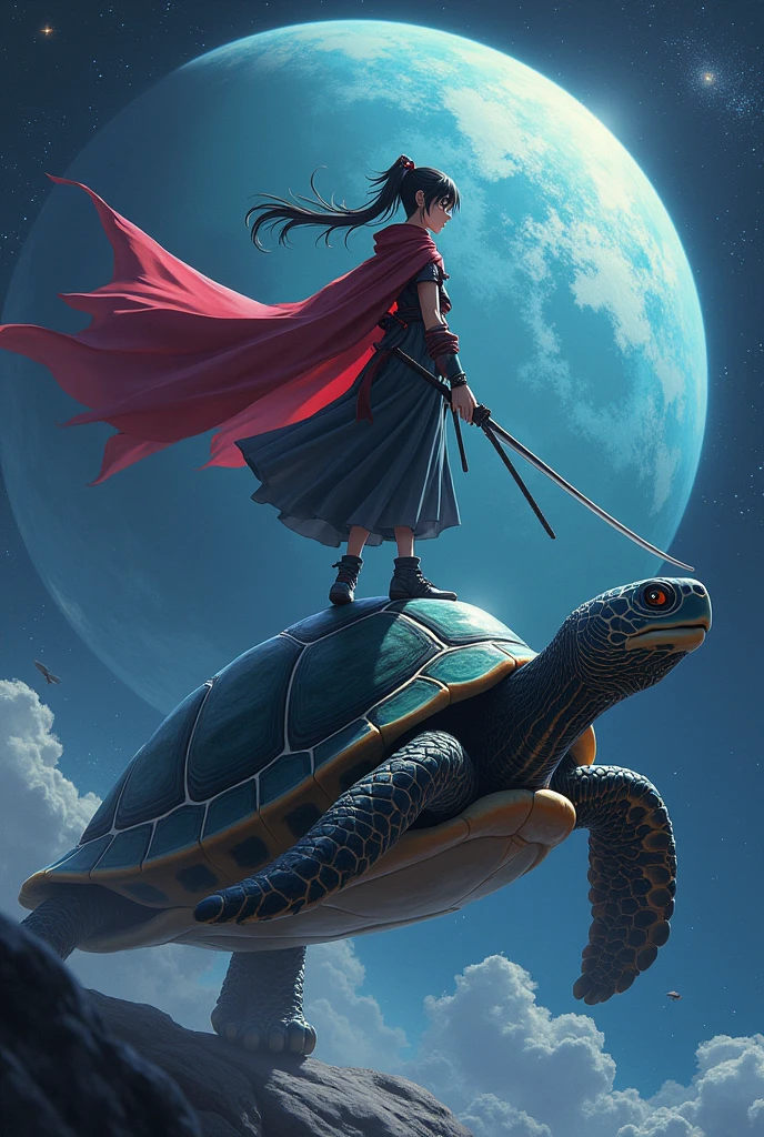 A turtle swimming in space with Mercury Behind it with a anime Girl like champion that has a cape and a duel wieling katanas standing up on the turtles shell, with a heroic pose