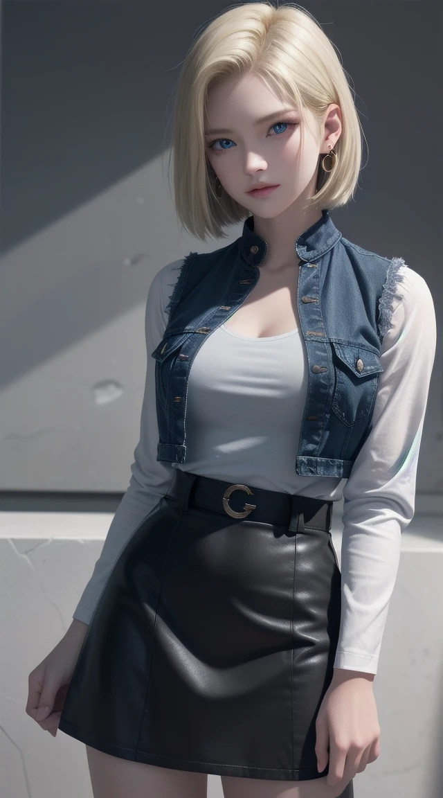 Android 18, Blonde, blue eyes, eyelash, Hoop Earrings, short hair, Bring earrings, Black socks, Black shirt, 胸pocket, Cleavage, clavicle, denim, denim skirt, ハイウエストskirt, jewelry, Long sleeve, pocket, shirt, shirt tucked in, skirt, Striped, Striped sleeves, Waistcoat,The right move,