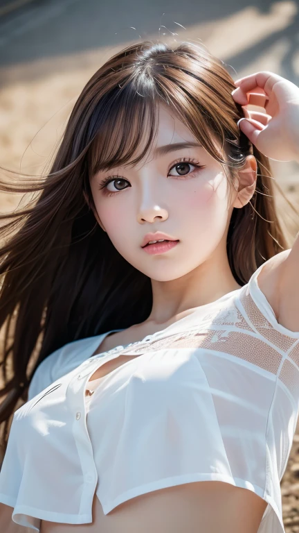 (Perfect Anatomy:1.2)(Absurd, High resolution, Super detailed),masterpiece,Highest quality,High resolution,8k,Realistic Face,Realistic skin texture,Expanded Texture, ,Amazing clarity,high school girl,Cowboy Shot,View the viewer、blush、Angle from below、Background is sky、((Looking down at the ground from above))、Hair blowing in the wind,amount、looking at the camera、sheer、Low - Angle