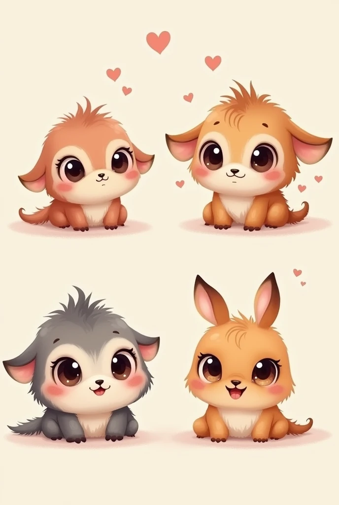 You are the best designer. Generate four different funny 2D character designs, tender and big eyes. To give to a loved one