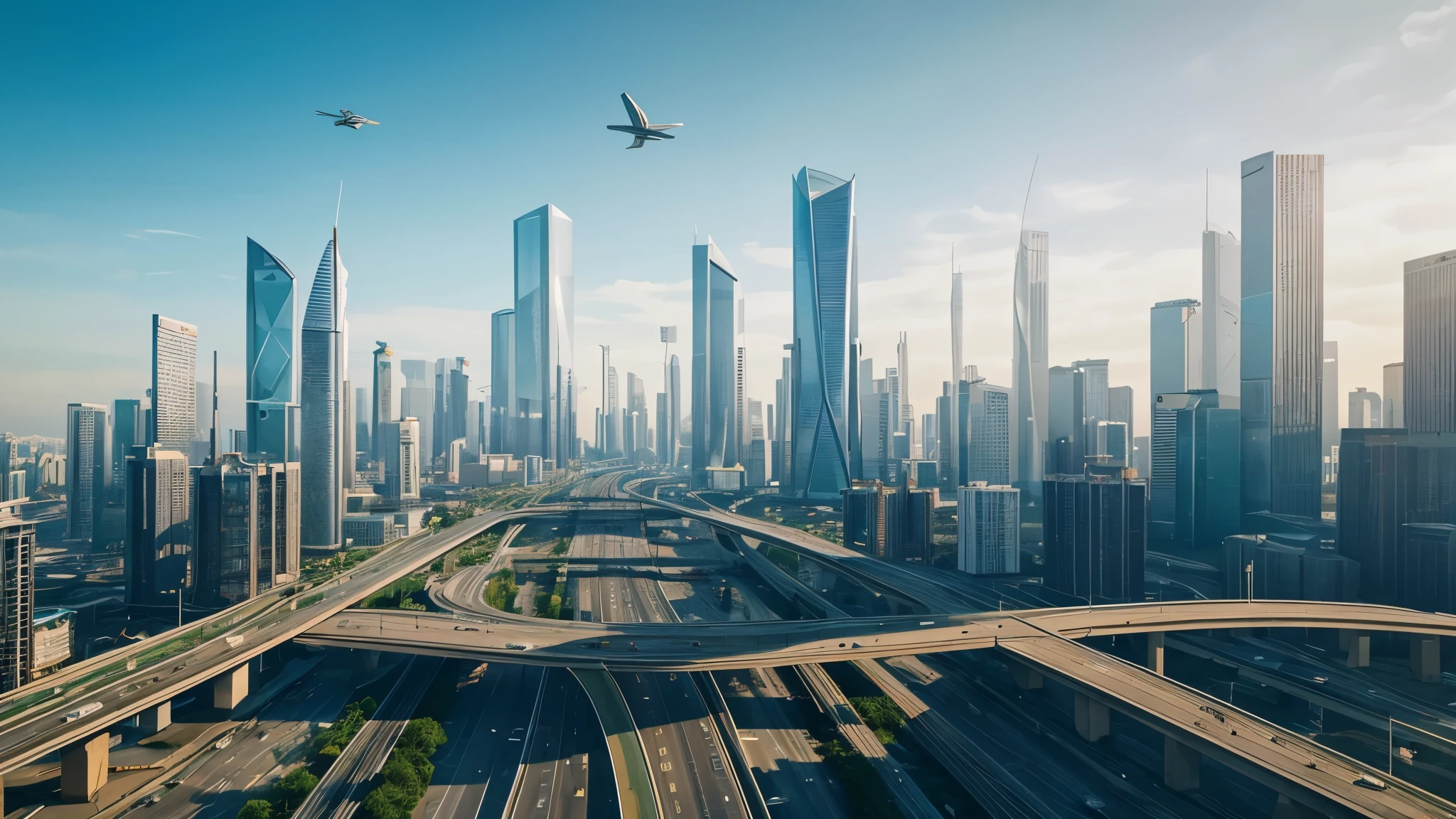 scifi, beautyful futuristic highway, flying air cars, architectual, organic skyscraper, cyberpunk, futuristic, hightech, hard-surface design, daylight, much tech, much electronic, very cozy, ambient light, realistic view, bird perspectiv, focal lengh 24mm, wide angle, year 2224