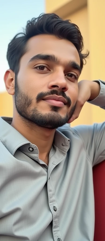 Use the same face from the image suggestion to create a realistic photograph of that same person to use as a cover photo on a CV. You should appear in an elegant dark blue shirt.