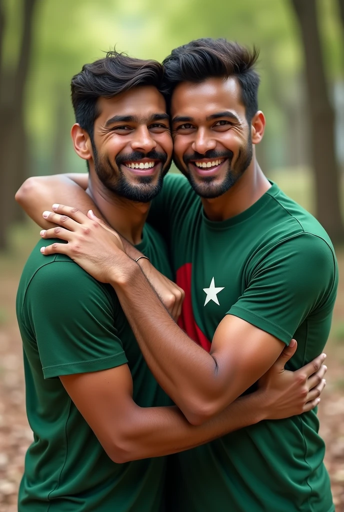 Bangladeshi guy huging a pakistani guy in joy and their tshirt color is their flag's color, 4k, realistic, photorealism
