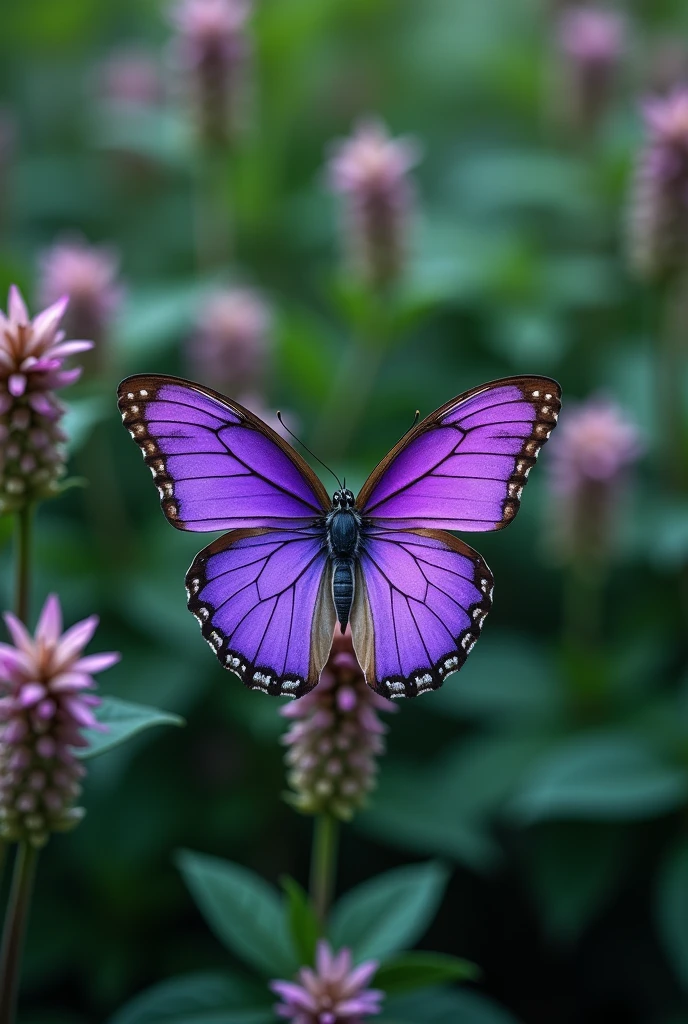 Create a photo of a purple butterfly on a flower and a bush together as if the photo were taken by a cell phone and the butterfly is resting on the flower but the photo looks a little blurry as if it were taken by a cell phone and the butterfly looks real and is sitting on the flower and everything else is a bush