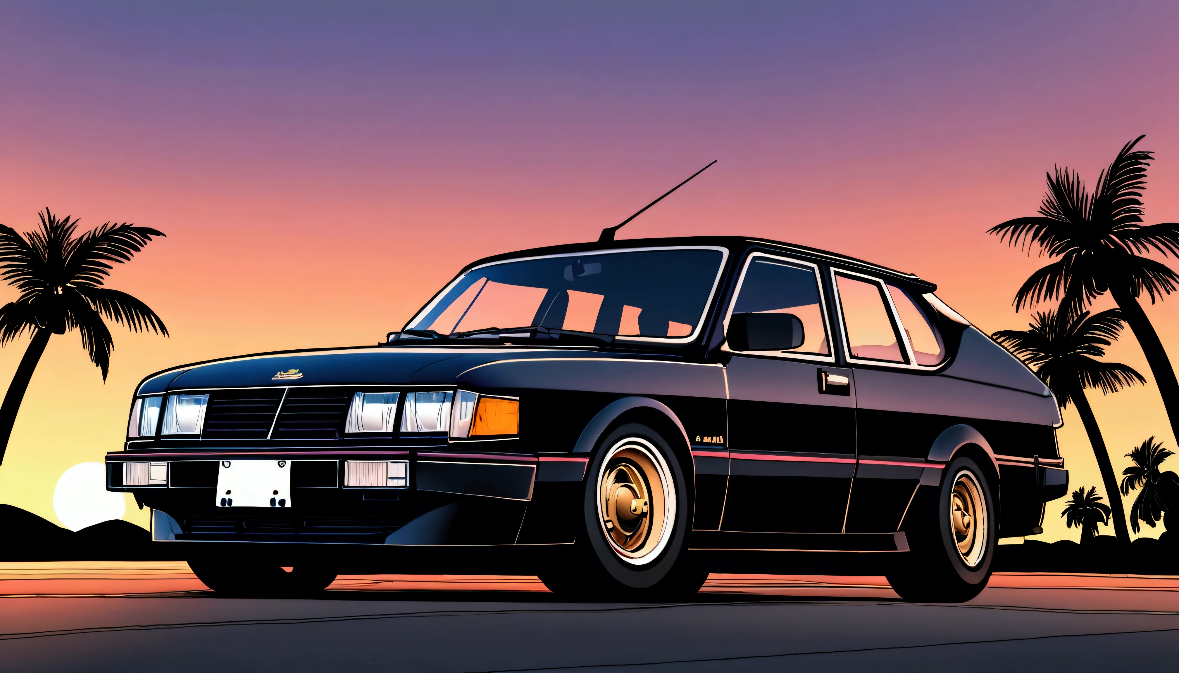 ((TShirt Design)), 1985 Saab 900 Turbo, Sunset background, Palm tree, Layers with 5 colors, Corner of the street, Berek's drum, Plethean,