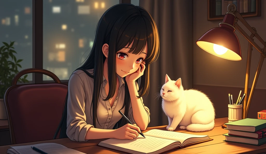 Anime illustration of a woman studying at a desk with a cat beside her,
indoor setting at night, warm yellow lighting creates a cozy atmosphere,
detailed textures on the desk and cat's fur, capturing a tranquil study scene