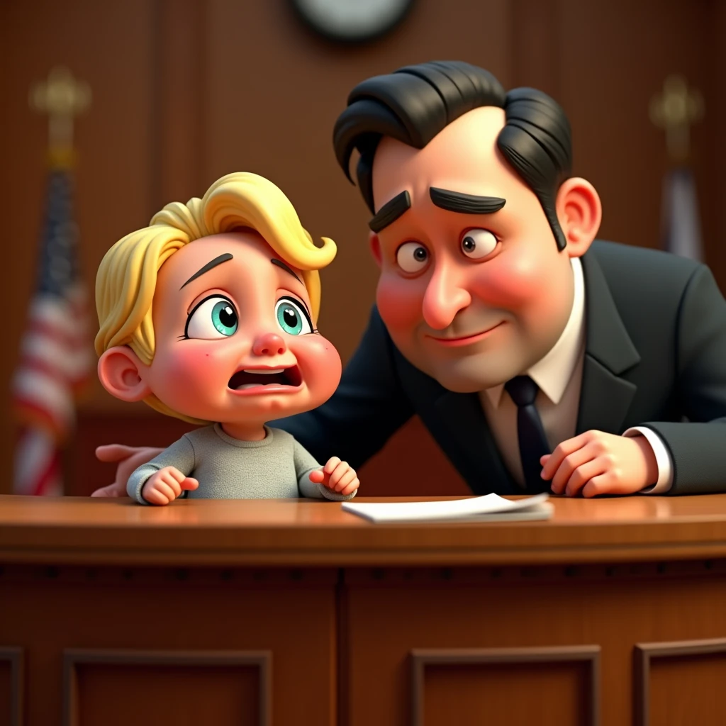 Im Stil von Pixar 3D- The animated film, Caricature. A baby with blond hair sits in the dock in court and cries tears. A lawyer sits next to the baby and holds his hand in front of his face (facepalm).