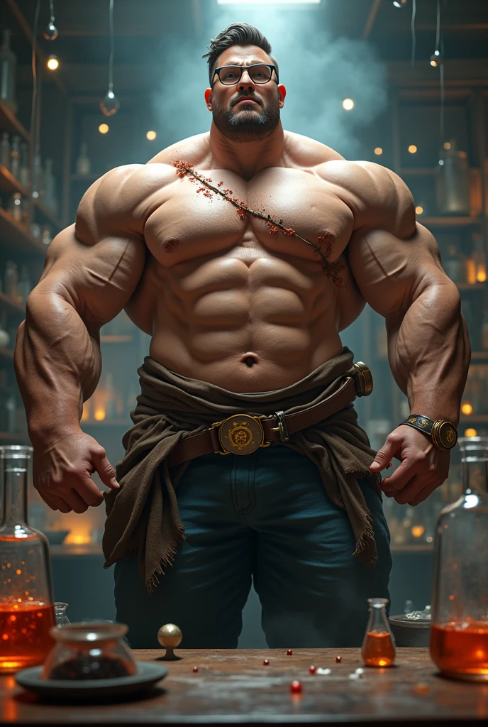 An alchemist is drinking a muscle growth potion. He has grown to the size of an absolute Caucasian muscle monster. His shoulders are three times wider than his waist and he has ripped through his clothes. Glasses, wearing a gold wedding ring.