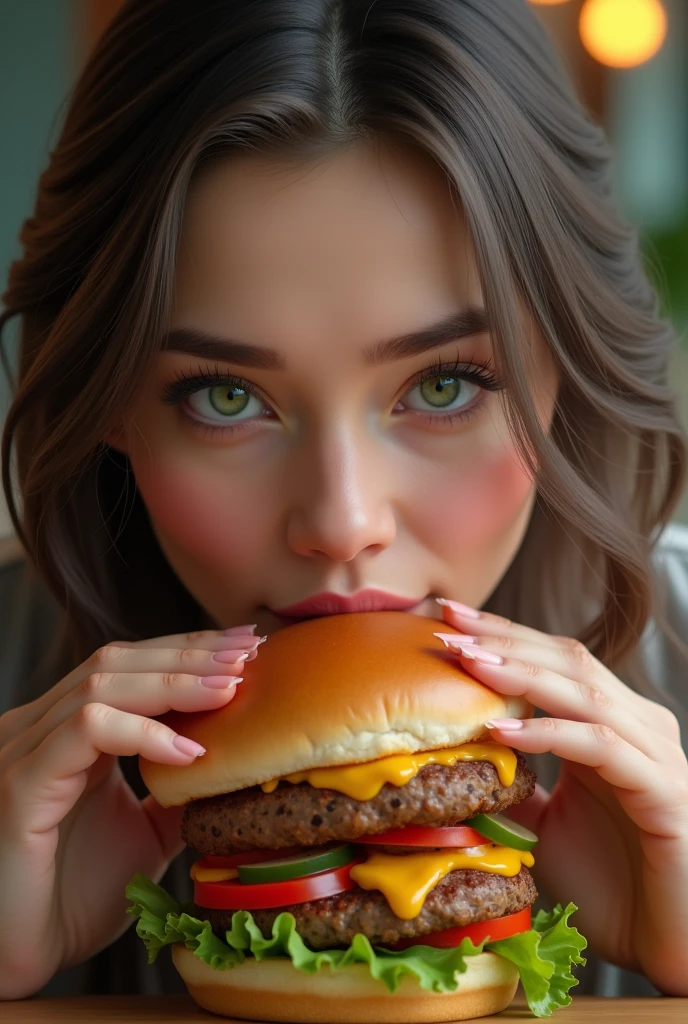 [Ouverture] : Gros plan sur une femme aux yeux verts et aux cheveux lisses, assise à une table. [Action] : Elle prend un hamburger composé de 2 steack savoureux du fromage bien fondant coulant sur les bords, avec quelque tomates et de belle feuilles de salade. avec les deux mains et l'approche de sa bouche. [Détail] : Zoom sur le hamburger avec ses ingrédients appétissants. [Clôture] : La femme prend une bouchée avec un sourire de plaisir, montrant clairement qu'elle apprécie chaque instant. Texte à l'écran : "Délicieux à chaque bouchée !"