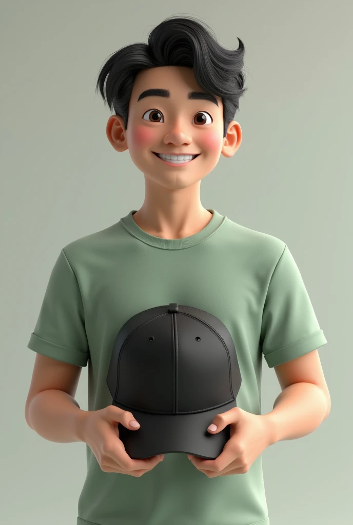 Create a 3D drawing, of a young man wearing a light green shirt, holding a black cap without a pattern 
