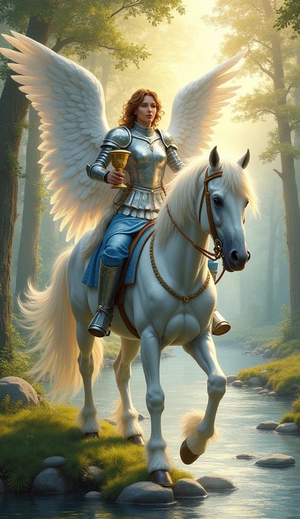 Create an evocative scene for the "Warrior of Chalices" card, inspired by the Rider-Waite Knight of Cups, with an angelic theme. Depict a noble and determined angelic figure mounted on a radiant white horse, the horse adorned with elegant, flowing drapery. The angel, dressed in shimmering silver and blue armor, holds a golden chalice close to their heart, representing a quest for emotional truth and integrity. The angel's wings are partially spread, glowing with a soft, ethereal light. The horse moves gracefully across a peaceful, lush landscape with a gently flowing river in the background, symbolizing the flow of emotions. The overall atmosphere should convey a sense of romanticism, idealism, and the pursuit of noble causes, perfectly aligned with the Lumen Angelis tarot deck.