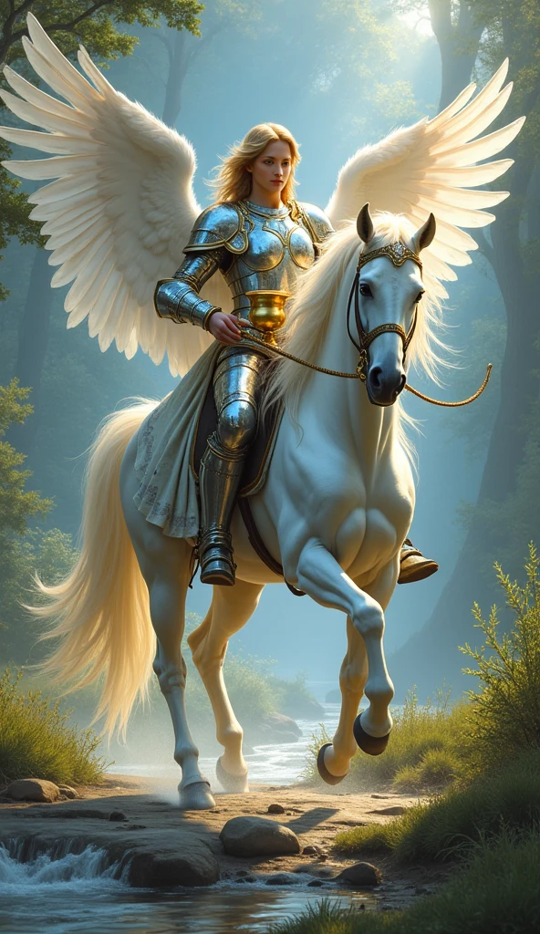 Create an evocative scene for the "Warrior of Chalices" card, inspired by the Rider-Waite Knight of Cups, with an angelic theme. Depict a noble and determined angelic figure mounted on a radiant white horse, the horse adorned with elegant, flowing drapery. The angel, dressed in shimmering silver and blue armor, holds a golden chalice close to their heart, representing a quest for emotional truth and integrity. The angel's wings are partially spread, glowing with a soft, ethereal light. The horse moves gracefully across a peaceful, lush landscape with a gently flowing river in the background, symbolizing the flow of emotions. The overall atmosphere should convey a sense of romanticism, idealism, and the pursuit of noble causes, perfectly aligned with the Lumen Angelis tarot deck.